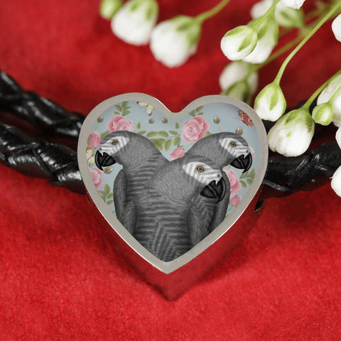 African Grey Parrot Print Heart Charm Leather Bracelet