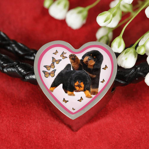 Tibetan Mastiff Dog Print Heart Charm Leather Bracelet