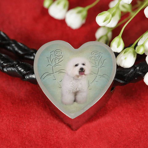 Bichon Frise Dog Print Heart Charm Leather Bracelet