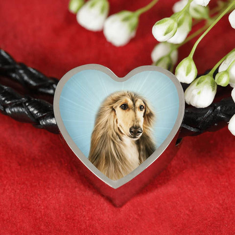 Afghan Hound Dog Print Heart Charm Leather Bracelet