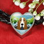 Basset Hound Dog Vector Print Heart Charm Leather Woven Bracelet