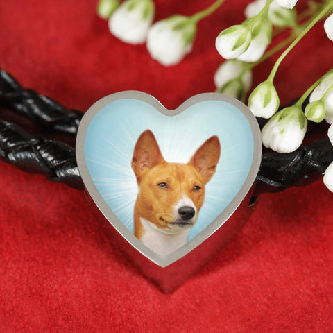 Basenji Dog Print Heart Charm Leather Bracelet