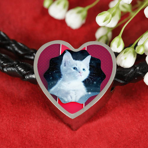 Cute White Kitten Cat Print Heart Charm Leather Woven Bracelet