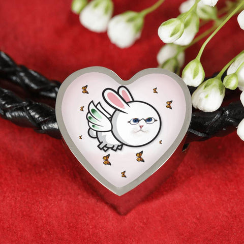 Flying Cat Print Heart Charm Leather Bracelet