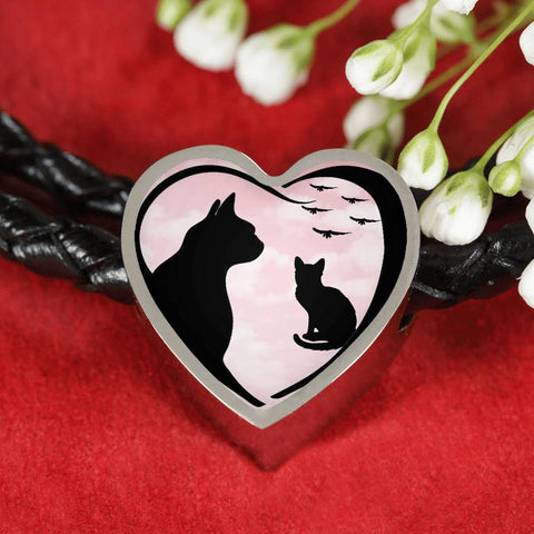 Cat Vector Art Print Heart Charm Leather Woven Bracelet