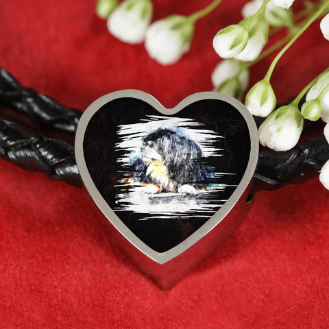 Tibetan Mastiff Dog Art Print Heart Charm Leather Woven Bracelet