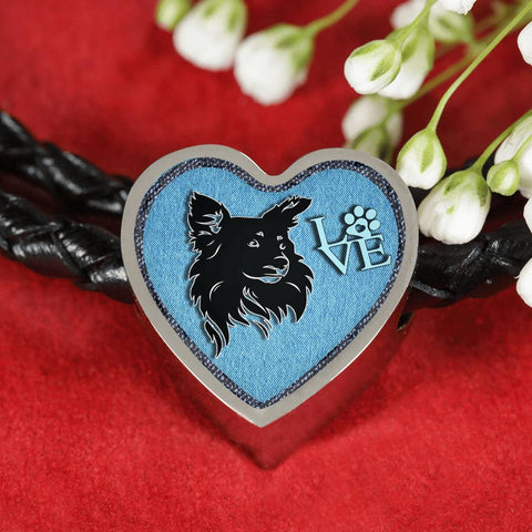Papillon Dog On Denim Print Heart Charm Leather Woven Bracelet