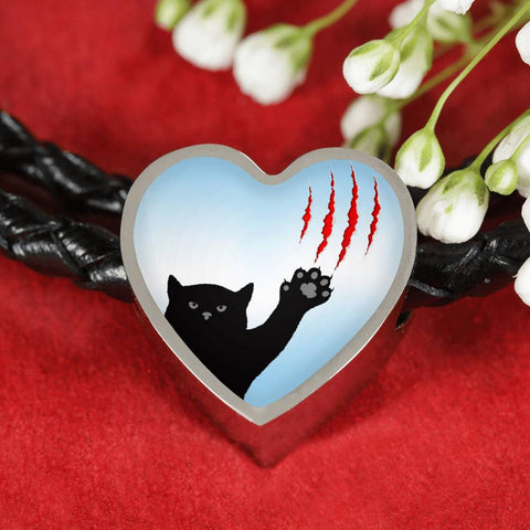 Cat Print Heart Charm Leather Bracelet