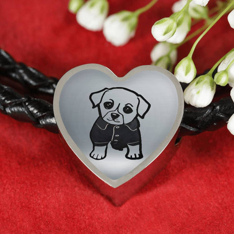 Cute Dog Art Print Heart Charm Leather Bracelet