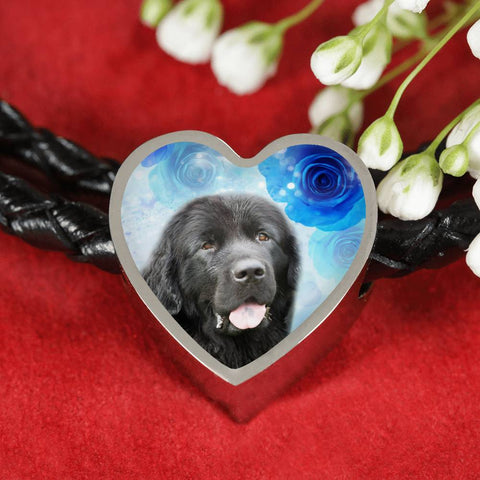 Newfoundland Dog Print Heart Charm Leather Bracelet
