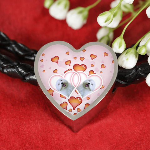 Maltese Dog Print Heart Charm Leather Bracelet