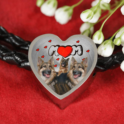 German Shepherd Family Print Heart Charm Leather Bracelet