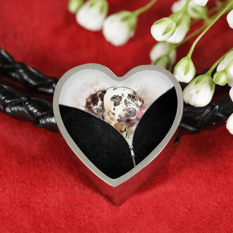 Dalmatian Dog Art Print Heart Charm Leather Woven Bracelet