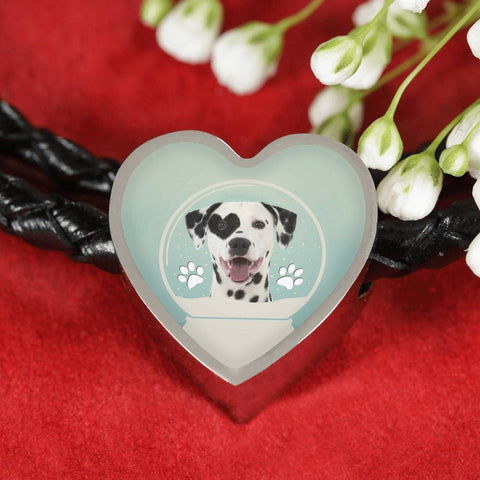 Dalmatian Dog Print Heart Charm Leather Bracelet