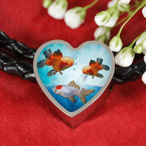 Oranda Fish Print Heart Charm Leather Woven Bracelet