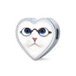 Cute Cat With Glasses Print Heart Charm Leather Bracelet
