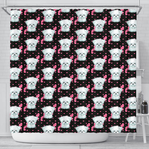 Cute Maltese Dog With Hearts Print Shower Curtains