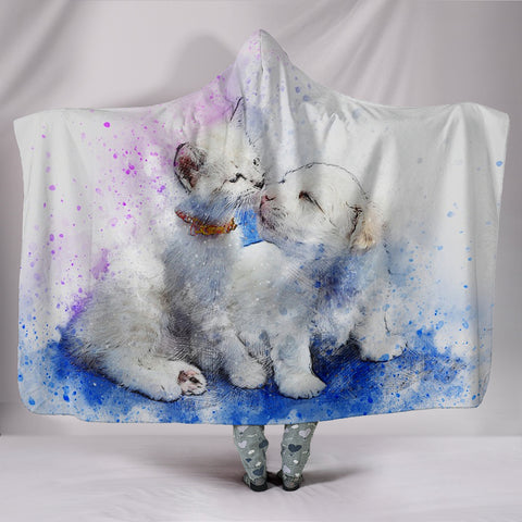 Cute Cat And Dog Watercolor Art Print Hooded Blanket