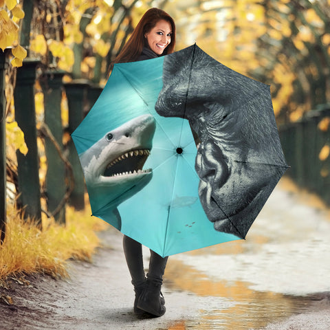 King Kong vs Shark Print Umbrellas