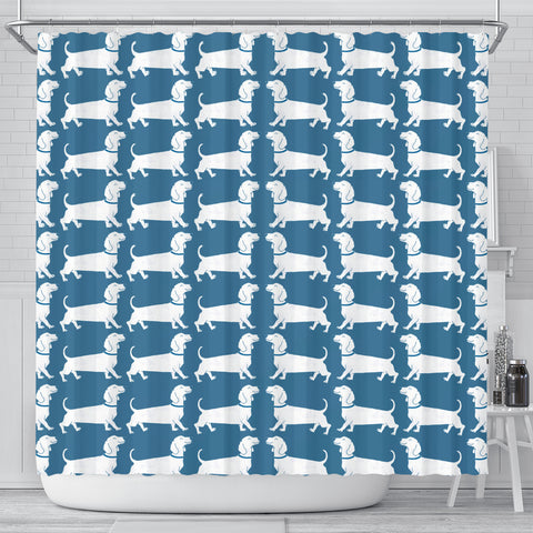 Dachshund Dog Art On SkyBlue Print Shower Curtains