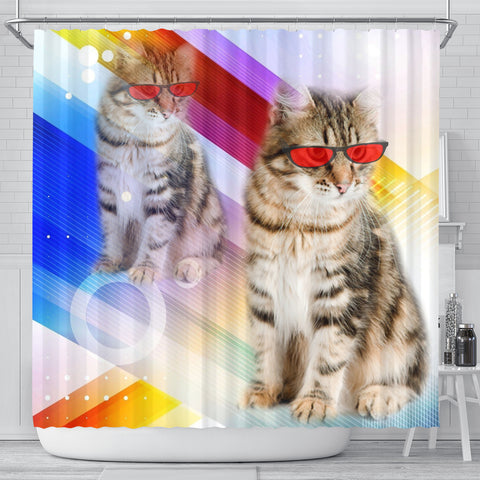 Siberian Cat Red Glasses Print Shower Curtain