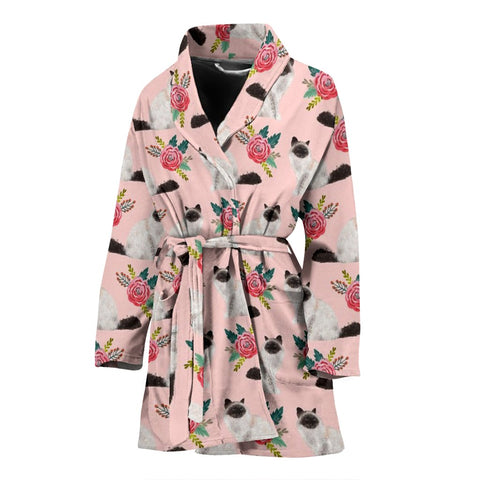 Birman Cat Floral Print Women's Bath Robe