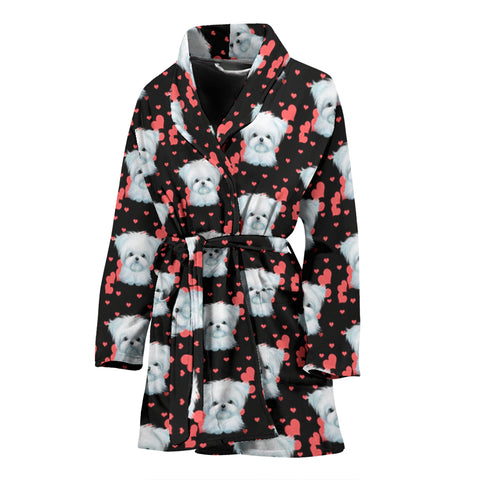 Maltese Dog Heart Pattern Print Women's Bath Robe