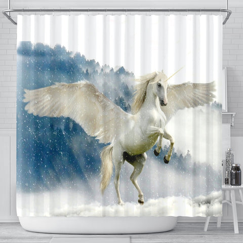 Unicorn In Snowfall Print Shower Curtain