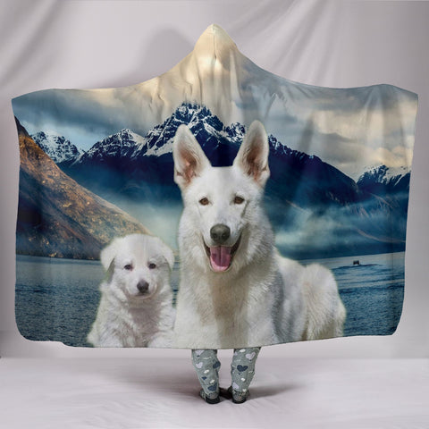 White Shepherd Print Hooded Blanket