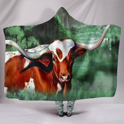 Texas Longhorn Cattle Print Hooded Blanket