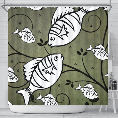 White Fish Print Shower Curtain