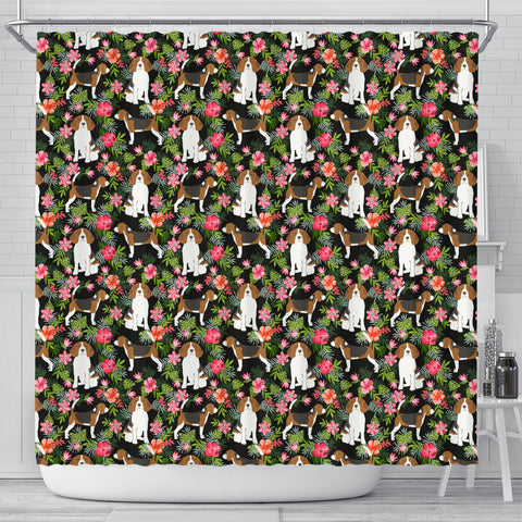 Beagle Dog Floral Print Shower Curtains