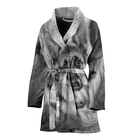 German Shepherd Black N White Print Women's Bath Robe