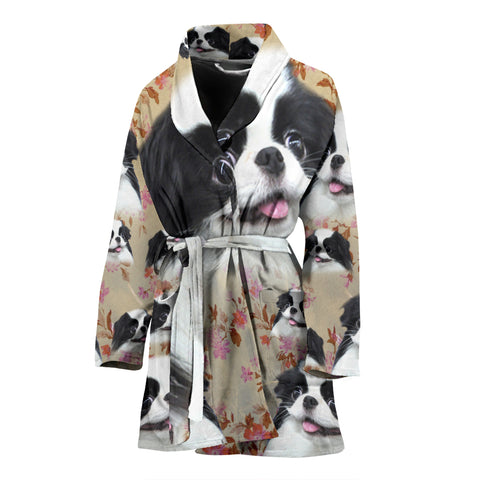 Cute Japanese Chin Dog Floral Print Women's Bath Robe