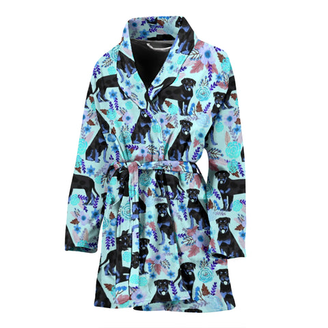 Rottweiler Dog Blue Floral Print Women's Bath Robe