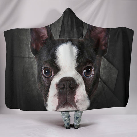 Boston Terrier On Black Print Hooded Blanket