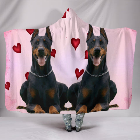 Doberman Pinscher Red Heart Print Hooded Blanket