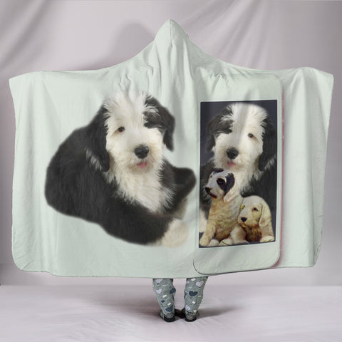 Old English Sheepdog With Phone Print Hooded Blanket