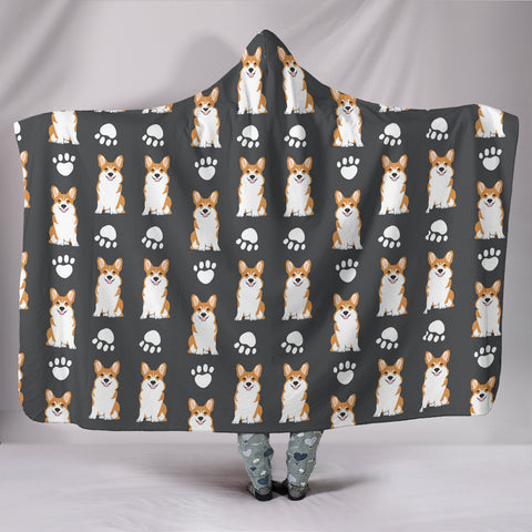 Pembroke Welsh Corgi With Paws Print Hooded Blanket