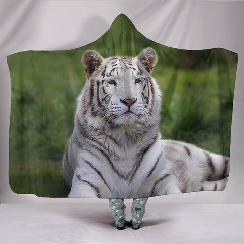 White Bengal Tiger Print Hooded Blanket