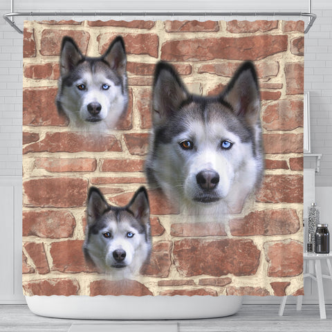 Siberian Husky On Wall Print Shower Curtains