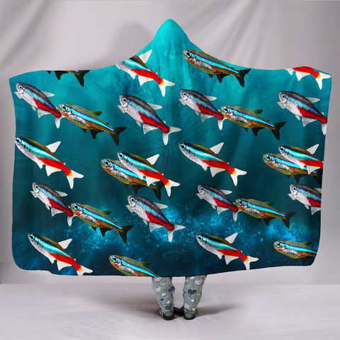 Neon Tetra Fish Print Hooded Blanket