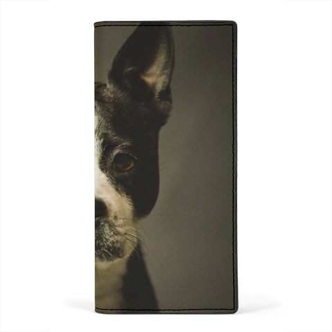 Boston Terrier On Black Print Women's Leather Wallet