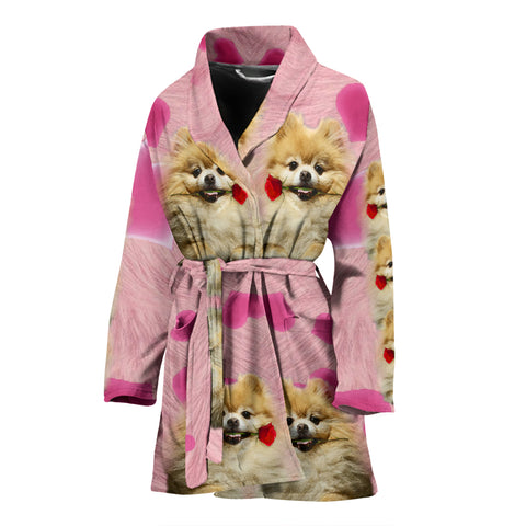 Pomeranian On Pink Print Women's Bath Robe