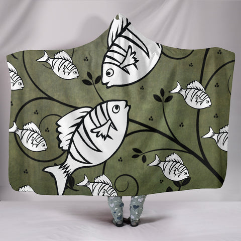 White Fish Print Hooded Blanket