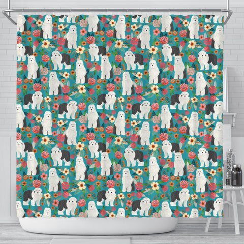 Old English Sheepdog Floral Print Shower Curtains