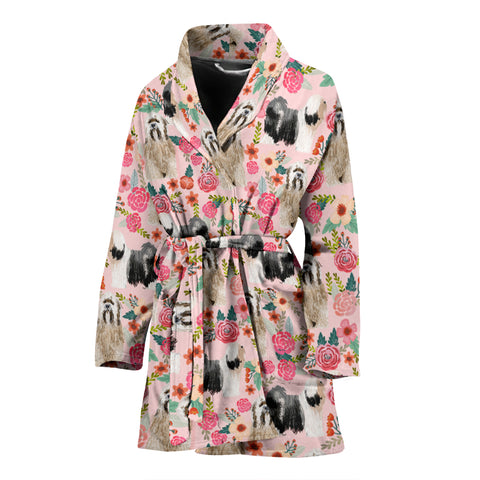 Tibetan Terrier Dog Floral Print Women's Bath Robe