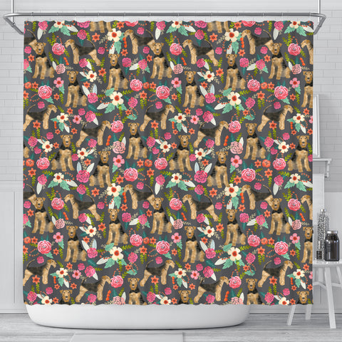 Airedale Terrier Dog Floral Print Shower Curtains