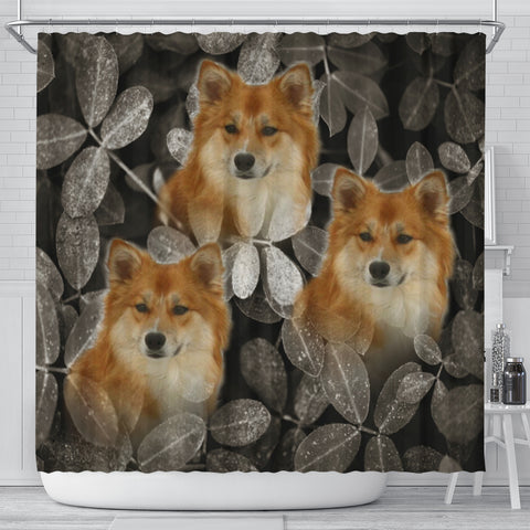 Icelandic Sheepdog On Black Print Shower Curtains