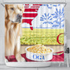 [AI Generated] Golden Retriever with a bowl from Ohio Print Shower Curtains